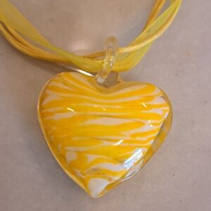 Vintage 90s Y2K Large Yellow White Stripe Blown Glass Heart Pendant Necklace